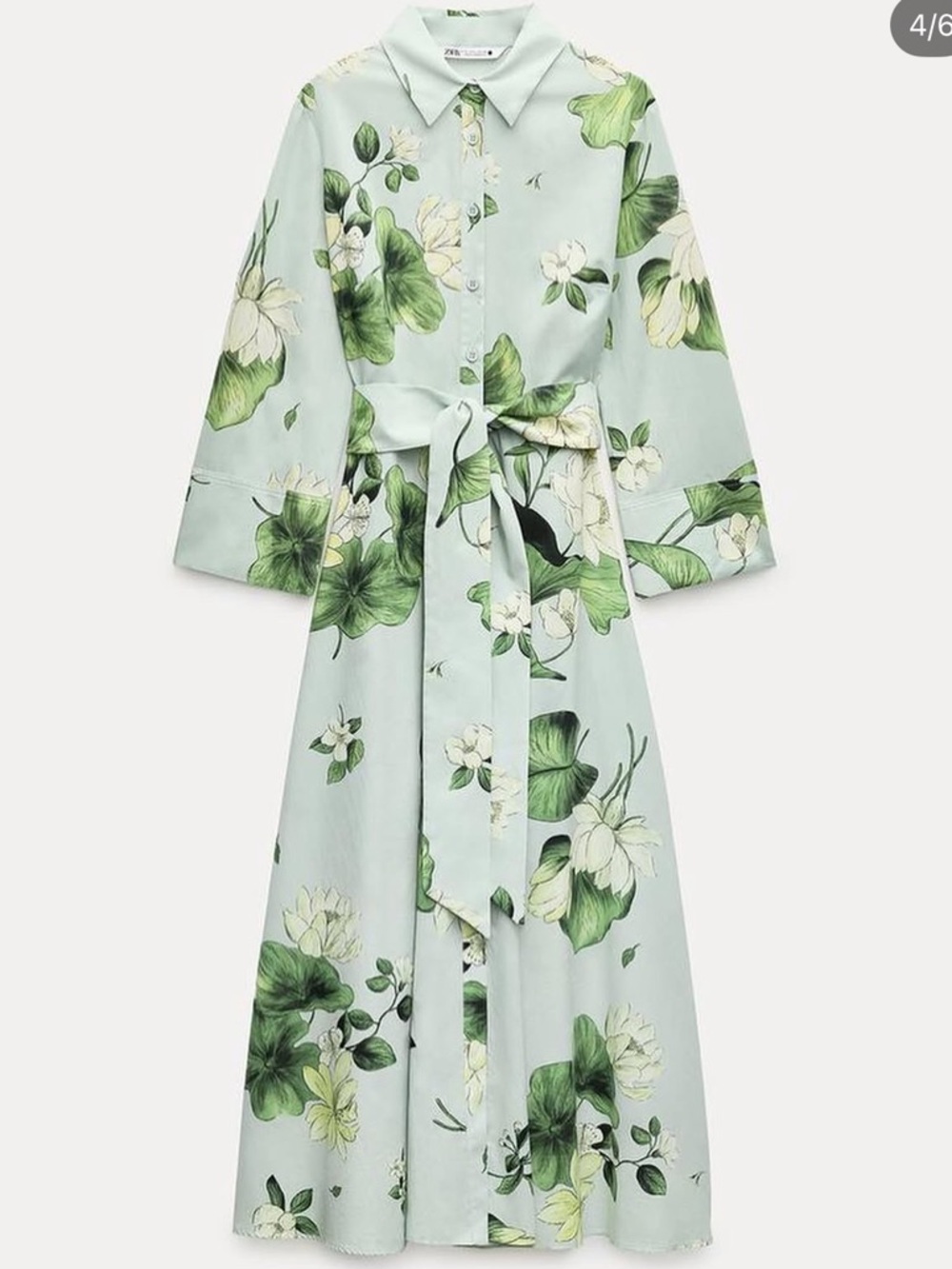NWT Zara ZW Collection Green Floral Button Down Shirt Dress Midi w/ Belt XS - Picture 2 of 9